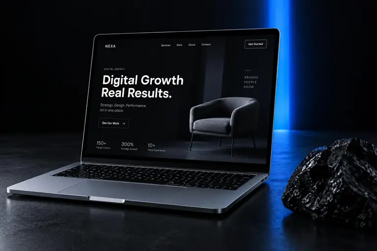 Laptop showing a BuySocial website on a dark rock